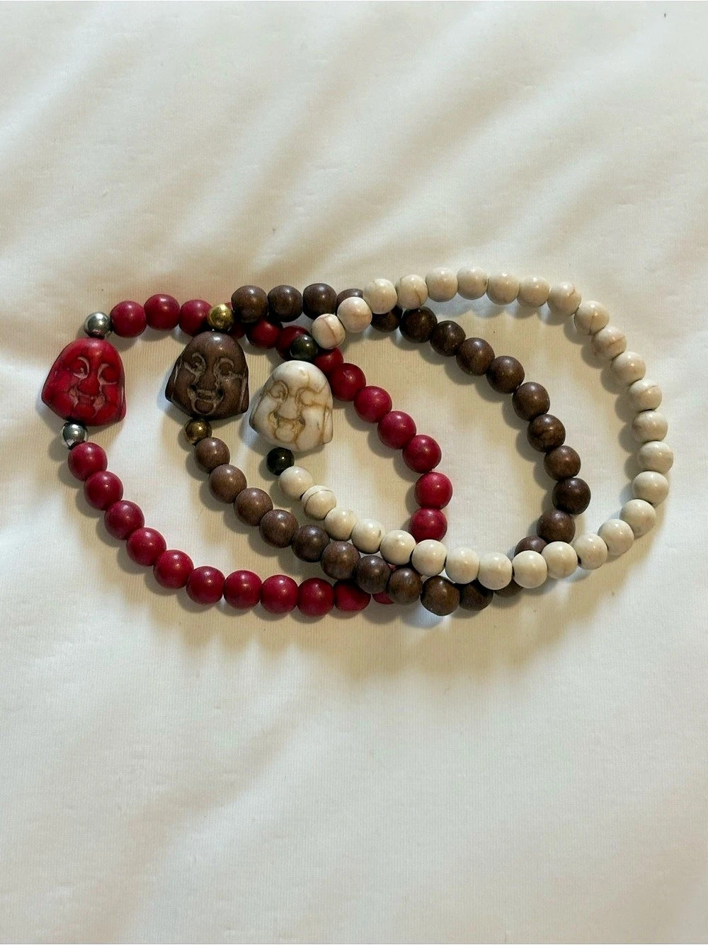 3 Beaded Buddha Charm Bracelet Set in Red & Brown and Crean